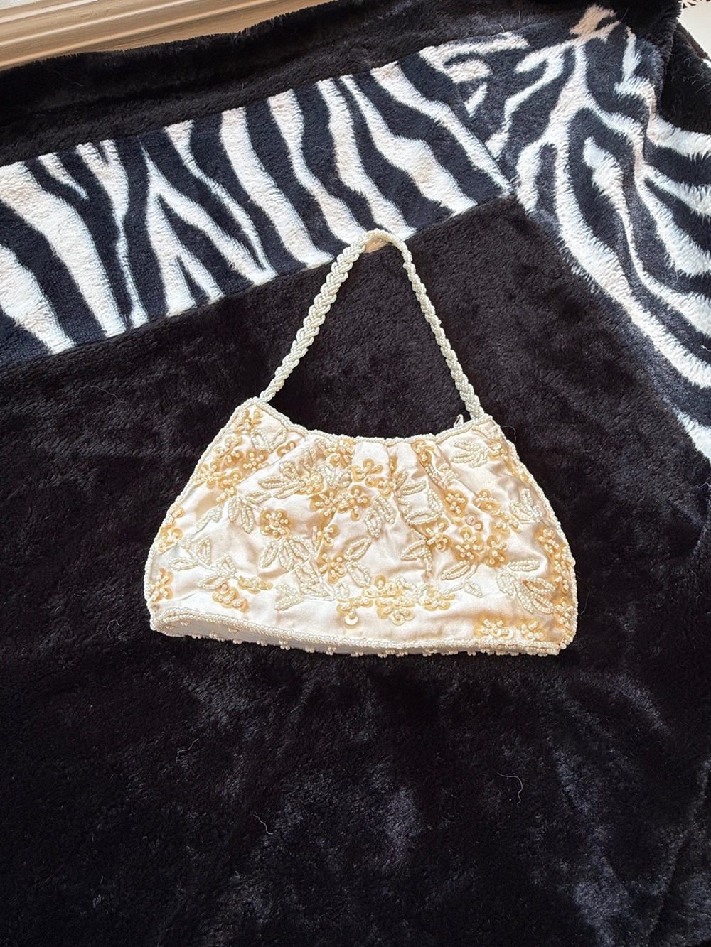 Antique Ivory and Gold Beaded Floral Evening Clutch